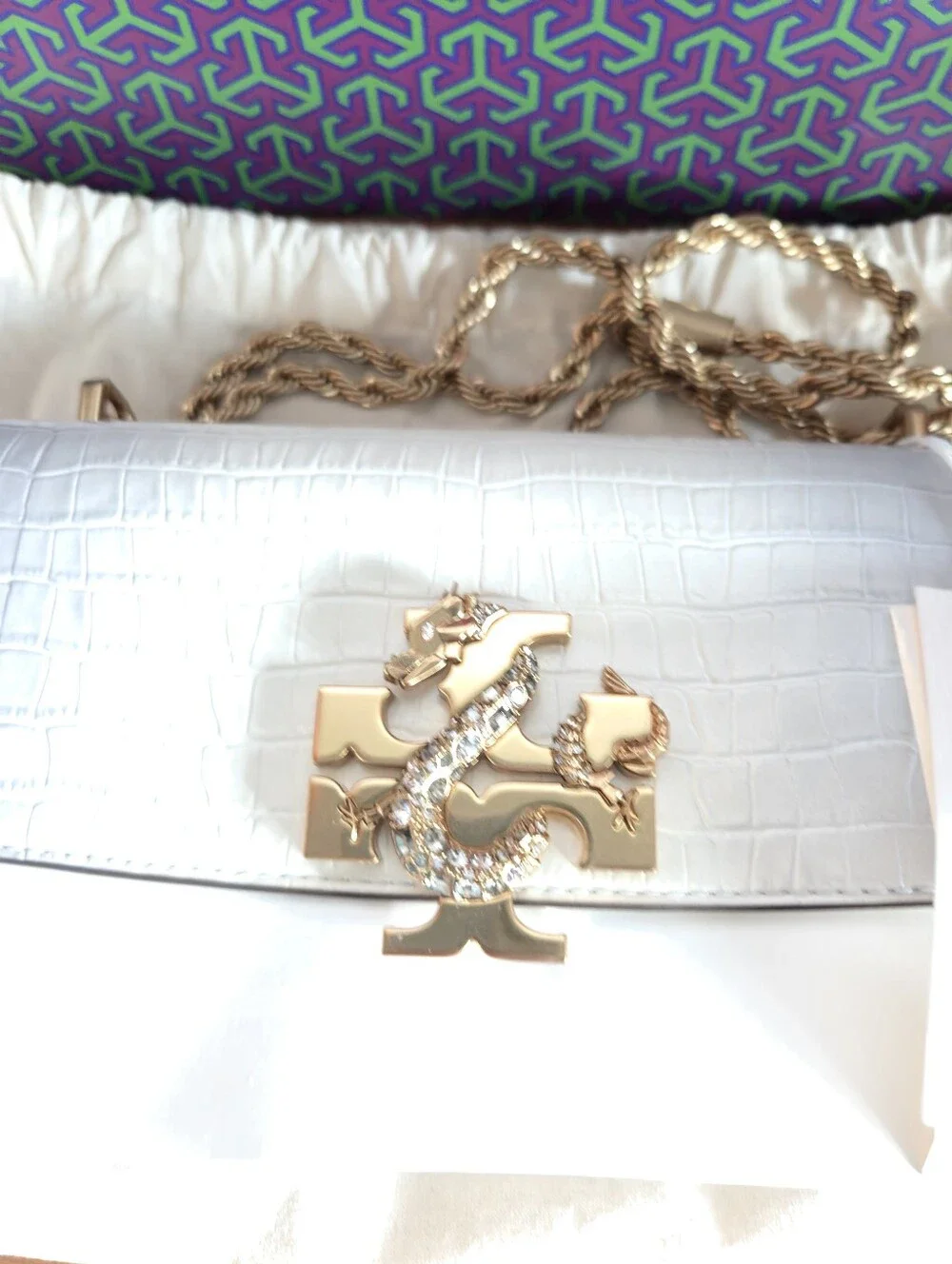 NWT Tory Burch White Croc Embossed Leather Eleanor Dragon Rectangular Bag